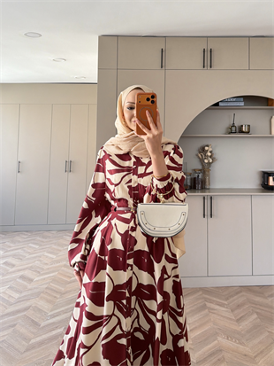 Noble Kemerli Desenli Elbise Bordo (837)