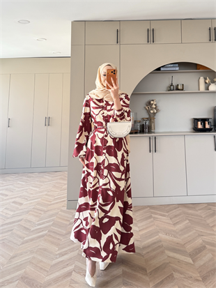 Noble Kemerli Desenli Elbise Bordo (837)
