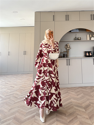 Noble Kemerli Desenli Elbise Bordo (837)