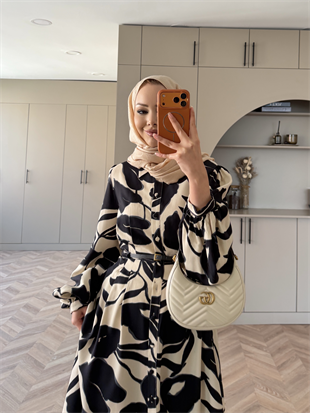 Noble Kemerli Desenli Elbise Siyah (837)