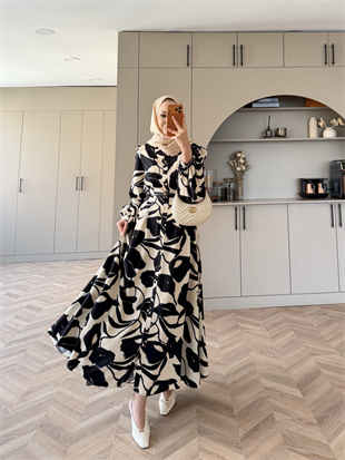 Noble Kemerli Desenli Elbise Siyah (837)