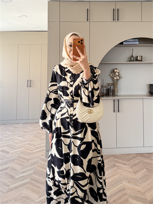 Noble Kemerli Desenli Elbise Siyah (837)