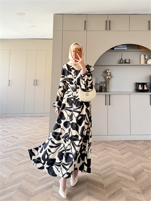 Noble Kemerli Desenli Elbise Siyah (837)