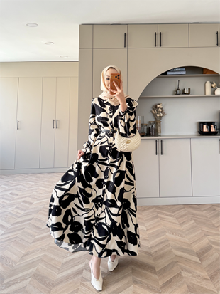 Noble Kemerli Desenli Elbise Siyah (837)