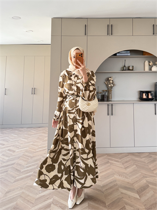 Noble Kemerli Desenli Elbise Yağ Yeşili (837)