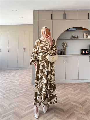 Noble Kemerli Desenli Elbise Yağ Yeşili (837)