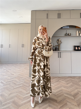 Noble Kemerli Desenli Elbise Yağ Yeşili (837)