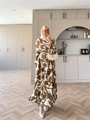 Noble Kemerli Desenli Elbise Yağ Yeşili (837)