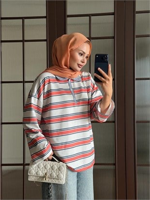 Nocay Polo Yaka Çizgili Sweat Turuncu (7045)