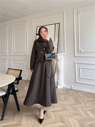 Noi Gold Düğmeli Etekli Takım Acı Kahve (2304)