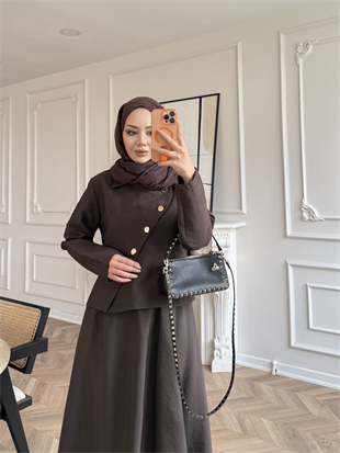 Noi Gold Düğmeli Etekli Takım Acı Kahve (2304)