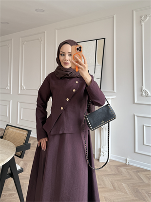 Noi Gold Düğmeli Etekli Takım Mürdüm (2304)