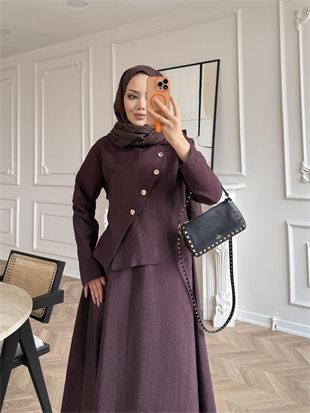 Noi Gold Düğmeli Etekli Takım Mürdüm (2304)