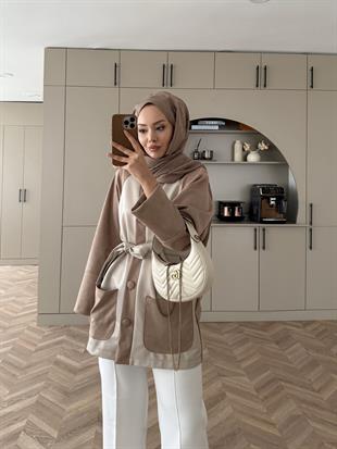 Noun Kontrast Süet Detaylı Hırka/Ceket Bej