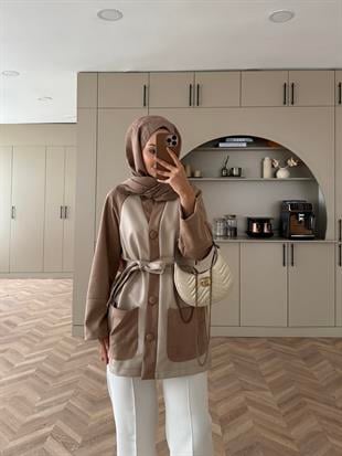 Noun Kontrast Süet Detaylı Hırka/Ceket Bej