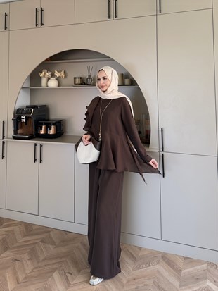 Noxa Fırfırlı Pantolonlu Takım Kahve (26163)