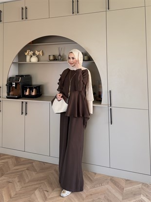 Noxa Fırfırlı Pantolonlu Takım Kahve (26163)