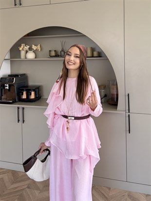 Noxa Fırfırlı Pantolonlu Takım Pembe (26163)