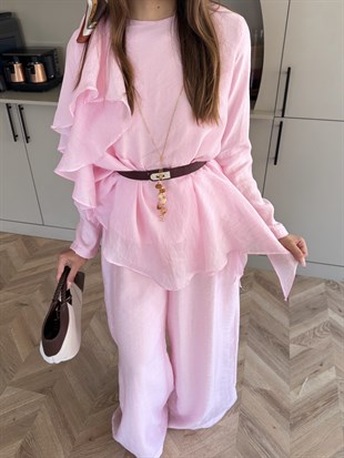 Noxa Fırfırlı Pantolonlu Takım Pembe (26163)