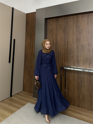 Noyan Çiçek Baskılı Tül Elbise Lacivert (26005)