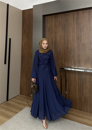 Noyan Çiçek Baskılı Tül Elbise Lacivert (26005)