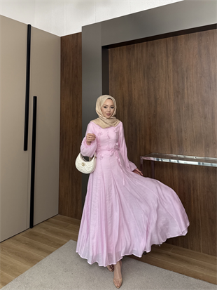 Noyan Çiçek Baskılı Tül Elbise Pembe (26005)