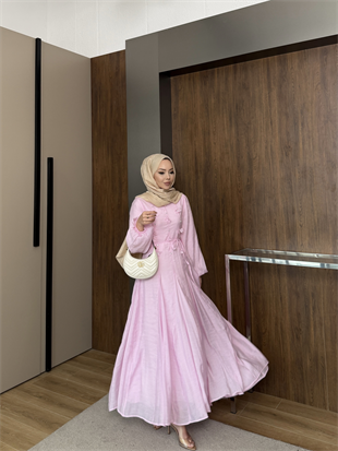 Noyan Çiçek Baskılı Tül Elbise Pembe (26005)