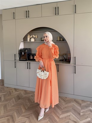 Nura Fırfır Detaylı Elbise Turuncu (4481)