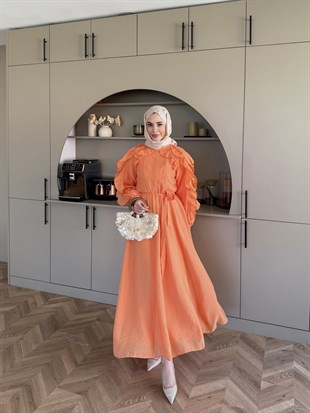 Nura Fırfır Detaylı Elbise Turuncu (4481)