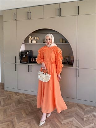 Nura Fırfır Detaylı Elbise Turuncu (4481)