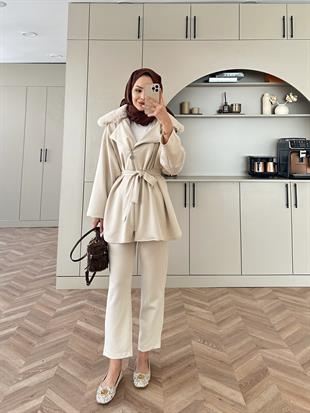 Olesa Kürk Detaylı Scuba Takım Bej