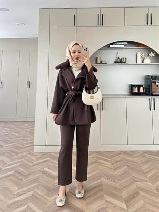 Olesa Kürk Detaylı Scuba Takım Kahve