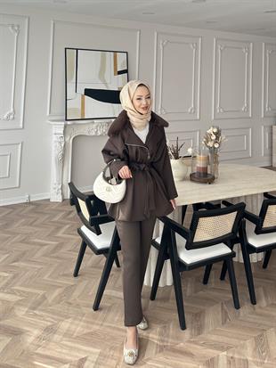 Olesa Kürk Detaylı Scuba Takım Kahve