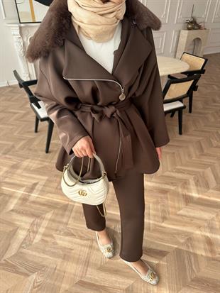 Olesa Kürk Detaylı Scuba Takım Kahve