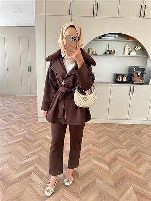 Olesa Kürk Detaylı Scuba Takım Kahve