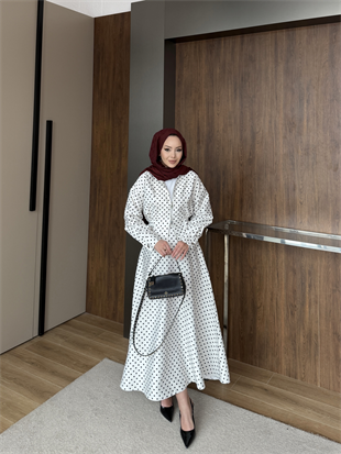 Puantiyeli Ceketli Etekli Takım Beyaz (4428)