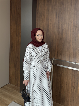 Puantiyeli Ceketli Etekli Takım Beyaz (4428)