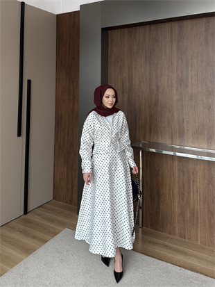 Puantiyeli Ceketli Etekli Takım Beyaz (4428)