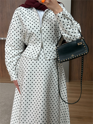 Puantiyeli Ceketli Etekli Takım Beyaz (4428)