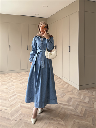 Ön Dikiş Detaylı Kot Elbise Buz Mavi (709)