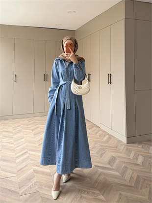 Ön Dikiş Detaylı Kot Elbise Buz Mavi (709)