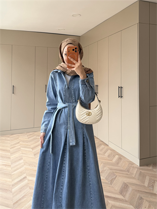 Ön Dikiş Detaylı Kot Elbise Buz Mavi (709)