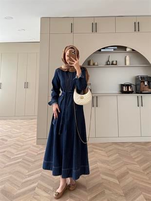 Ön Dikiş Detaylı Kot Elbise Lacivert (709)