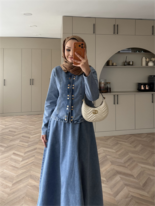 Önü Çıtçıtlı Kot Etekli Takım Buz Mavi (711)