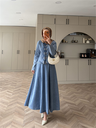 Önü Çıtçıtlı Kot Etekli Takım Buz Mavi (711)