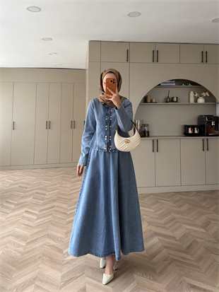 Önü Çıtçıtlı Kot Etekli Takım Buz Mavi (711)