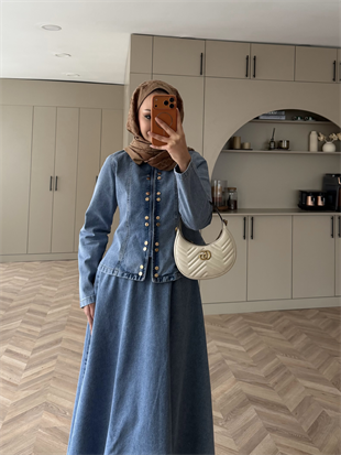 Önü Çıtçıtlı Kot Etekli Takım Buz Mavi (711)