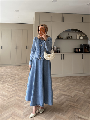 Önü Çıtçıtlı Kot Etekli Takım Buz Mavi (711)