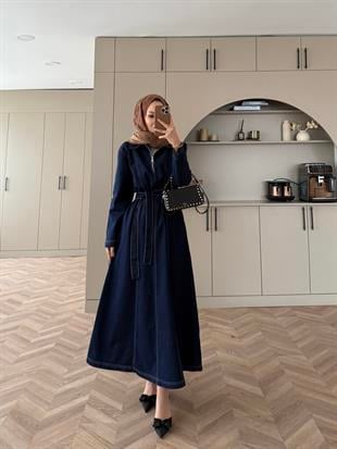 Önü Fermuarlı Kot Elbise Lacivert (705)