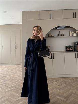 Önü Fermuarlı Kot Elbise Lacivert (705)